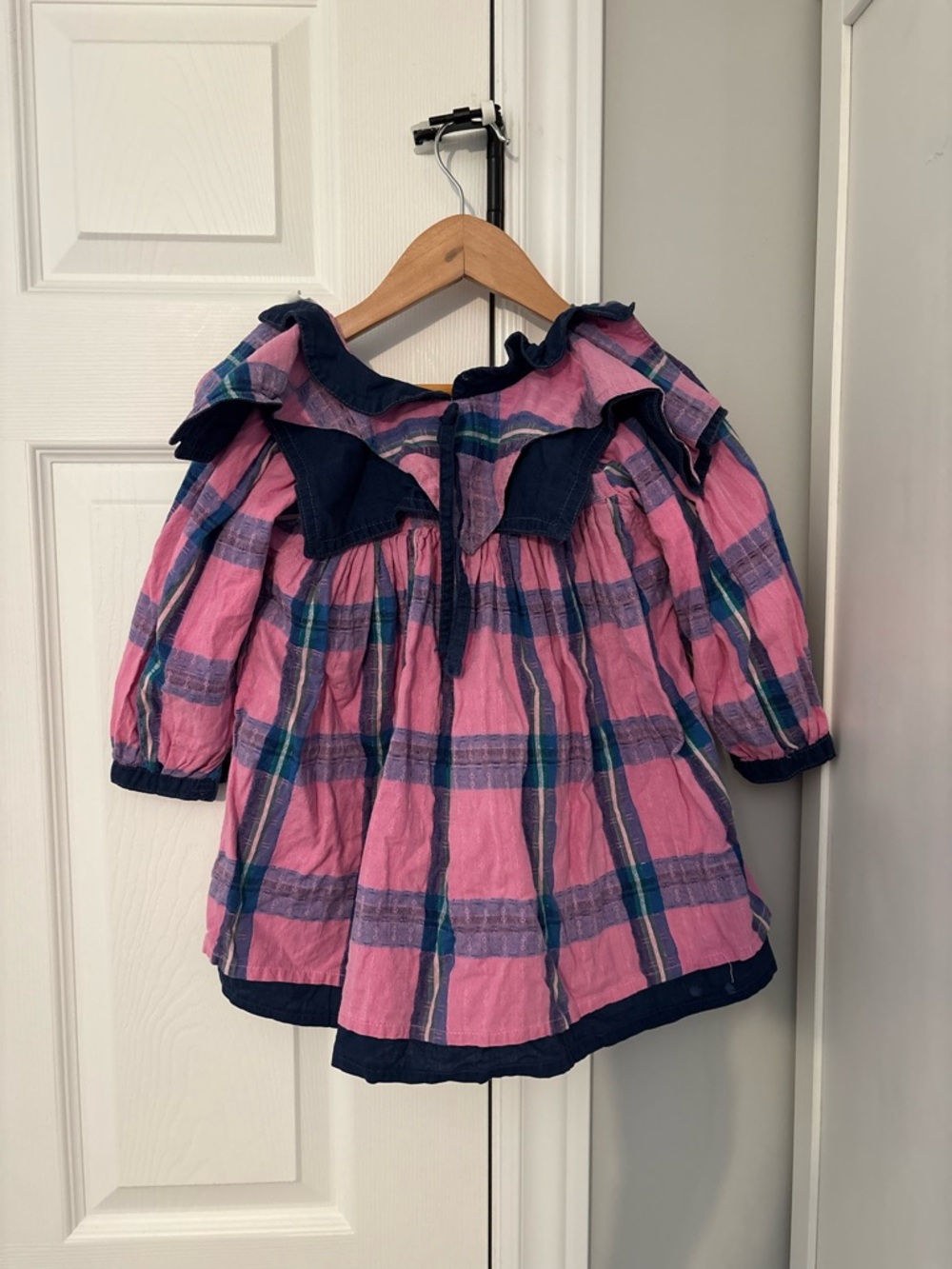 VINTAGE Girls Pink Plaid Ruffle Sailor Dress Top